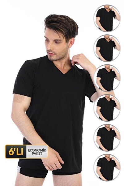 Çift Kaplan Erkek Süprem V Yaka Siyah T-shirt 0945 6'lı Paket