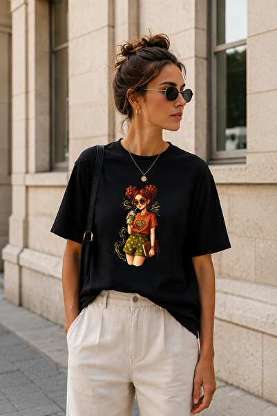 BAGAND Premium Coffee Drinking Girl Printed Oversize Women's T-Shirt Black De...