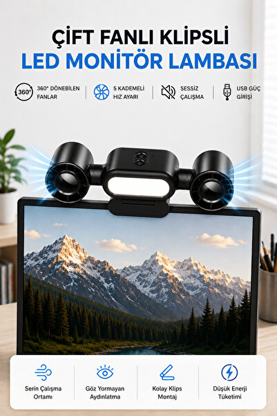 Çift Fanlı Klipsli LED Monitör Lambası – 360° Dönebilen Fan, 5 Kademe Hız, Sessiz Çalışma, US