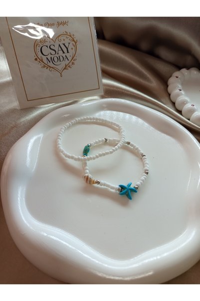CSAYMODA 2 ADET EL EMEĞİ MİSİNA BONCUKLU MAVİ DENİZ YILDIZI , DENİZ KABUĞU VE MAVİ KAPLUMBAĞA FİGURLU BİLEKLİK