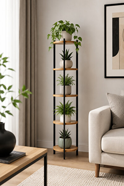 Retodesign 5 KAT YUVARLAK ÇAM ÇİÇEK RAFI, SALON KÖŞE RAFI, 5405A