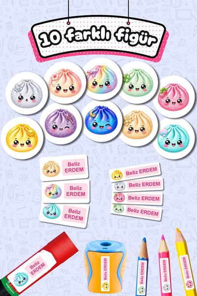 Sticker Ekspres Okul Etiketi Çin Mantısı Glitter Dumpling Temalı Kalem Defter Etiketi Özel İsim Yazılabilen Etiket 245 Adet İsim Etiketi