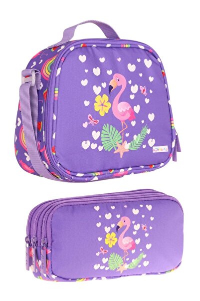 KAUKKO Purple Flamingo Patterned Girl's Lunchbox and Pen Holder Set - Stkk-L7...