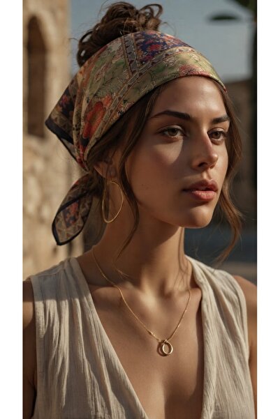 PUPA İPEK YEŞİL ETNİK DESEN İPEKSİ FULAR/BANDANA