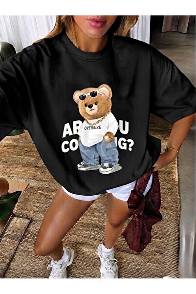 LELVANİ Unisex Street Style Bear Oversized Printed Crew Neck T-Shirt