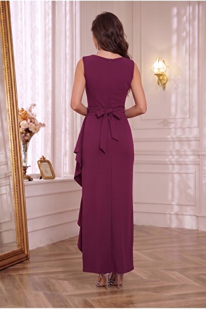 ALFUDO Moda Collection Kruvaze Yaka Kadın Volanlı Yırtmaçlı Taş Kemerli Mürdüm Düğün ve Nişan Abiye Elbise