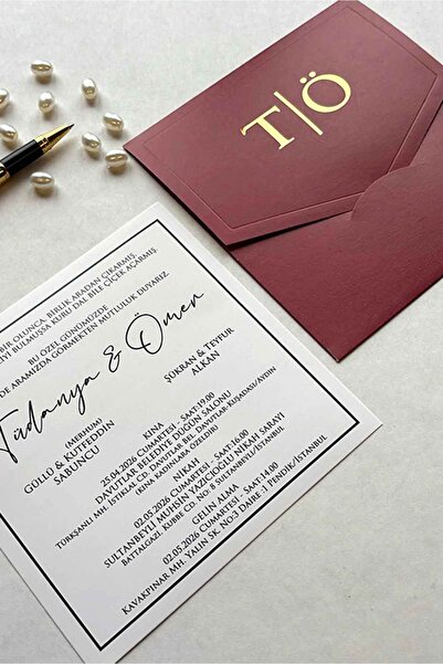 Luna Davetiye Bordo Kına, Düğün, Nişan, Nikah Davetiyesi (50 Adet)