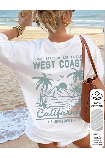 LELVANİ Sunset Beach of Las Angele West Coast Printed Crew Neck T-Shirt