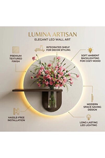 Generic لوحة جدارية دائرية بإضاءة LED مع رف وفازة زجاجية 50 سم × 50 سم مع أغصان خضراء
