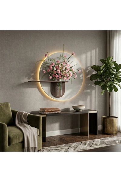 Generic Round LED Wall Art with Shelf & Glass Vase 50cm x 50cm with green Bra...
