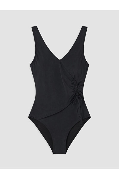 LC Waikiki Black V-Neck Plain Gathered Women's Swimsuit