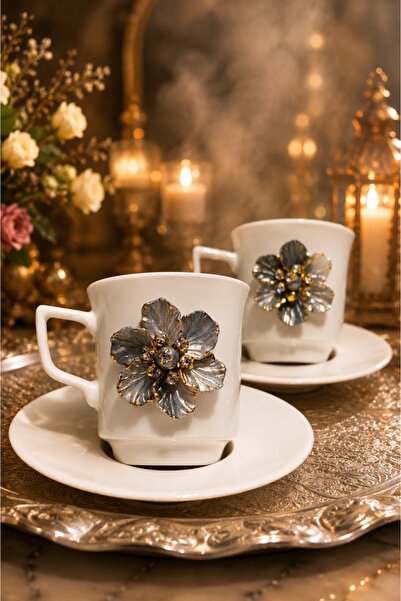 KirLiNova Gray Flower Motif 2-Piece Porcelain Cup Set