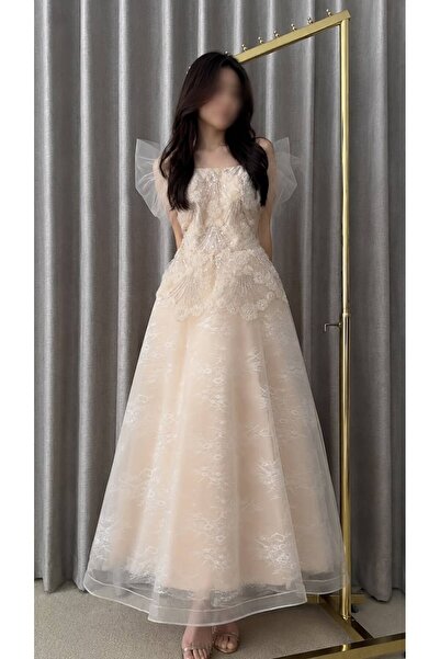 ELORA FASHION White Long Evening Dress Embroidered Gown