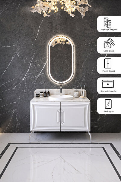 Biella Banyo Dolabı 90cm Mat Beyaz Lake Mermer Tezgahlı Seramik Lavabo LED Aynalı