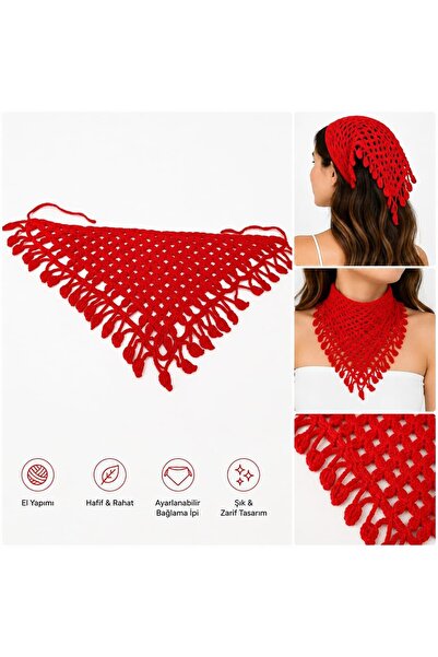 Tuel Women's Red Knitted Bandana Lace-Up Handmade Hair and Neck Bandana Styli...