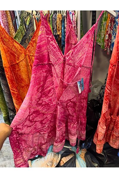 laviyonsa İpek fırfır detaylı varaklı ebruli Otantik mini elbise STD 36-42