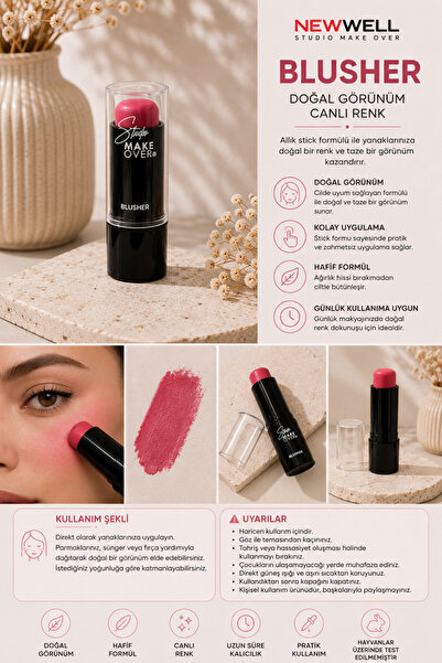 New Well Studio Make Over Blusher Stick – Pembe Ton Krem Allık