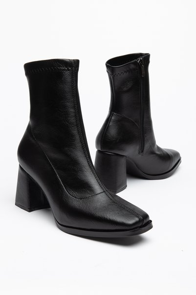 moda rees Women's Black Leather Blunt Toe Stretch Heel Casual Boots