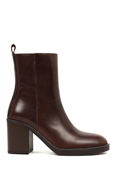 Derimod Women's Brown Zippered Thick Heeled Leather Boots Wf180019Dv