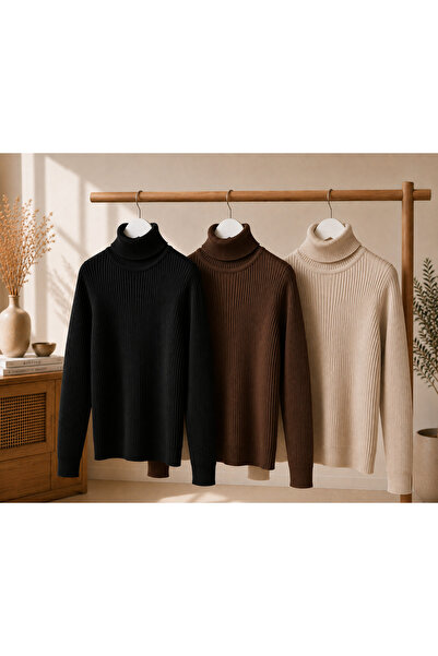 pepule Women's 3-Piece Body-Fitting Turtleneck Ribbed Knit Sweater