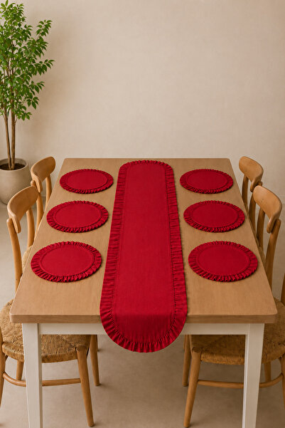 KaiHome Ruffle Detailed Linen 50 X 150 Runner & Placemat Set – 7 Piece Dowry ...