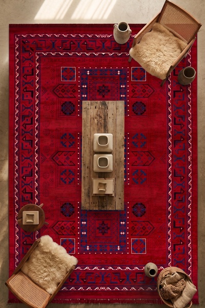 Halispecial Serap Retro Kırmızı Eskitme Etnik Desenli Dokuma Salon Halısı – P...