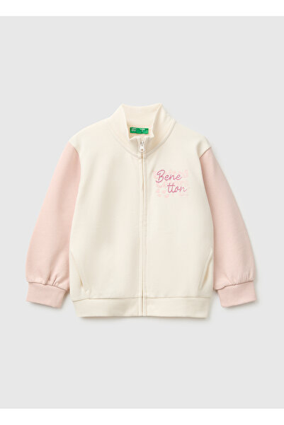 United Colors of Benetton Girl's Cream Color Embroidered Ribbed High-Neck Zip...