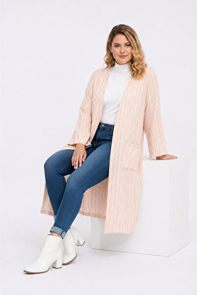 Şans Women's Plus Size, Powder, Striped Fabric, Pocket Cap, Long Cardigan 65N...