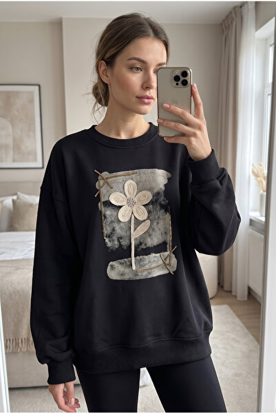 FEMELLE Black 100% Cotton Sweatshirt with Beads and Sequins Embroidery