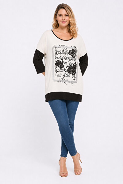 Şans Women's Plus Size, Bone Color, Two-Color Tunic with Print and Stone Deta...