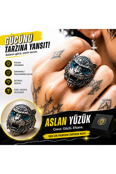 FG KONNİCHİWA Lion Ring Adjustable for Men and Kids Stainless Steel Tiger Hea...