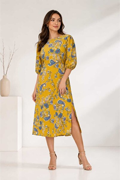 Bad Ro24-01(11) - Rochie damă midi bleumarin cu imprimeu floral