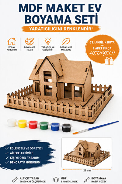 kutuTR MDF Maket Ev Boyama Seti Akrilik Boya ve Fırça Hediyeli Dekoratif Hobi ve Aktivite Seti Hayal Ev