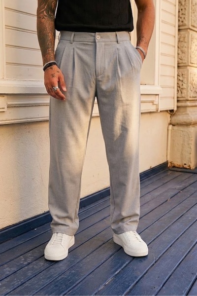 ElitWear Erkek Pileli Rahat Kalıp Beli Lastikli ve Kemerli Baggy Kumaş Pantolon