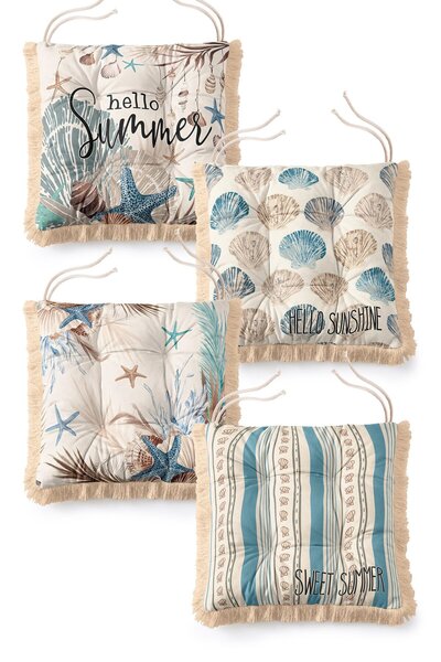 IdeCraft Sea Shell and Starfish Patterned Fringed Lace-Up 4-Piece Puffy Chair...