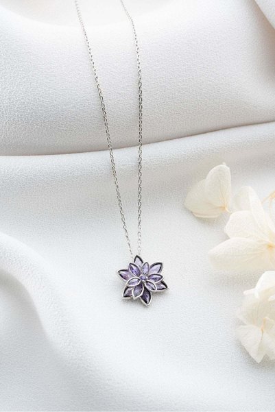 Balevien Silver Color Steel Necklace with Purple Lotus Flower Figure