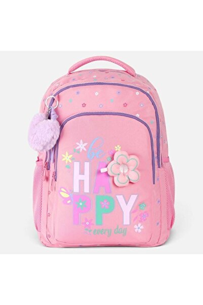 Generic Розова пухкава раница с цвете и ключодържател с помпон  "Happy " за н...