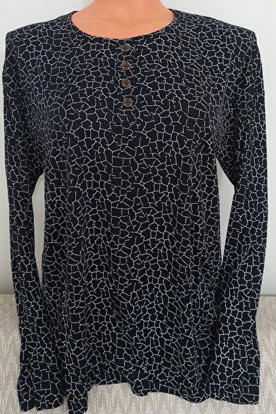 Anne Er Clothing Combed Cotton Blouse Long Sleeve Crew Neck Black Patterned
