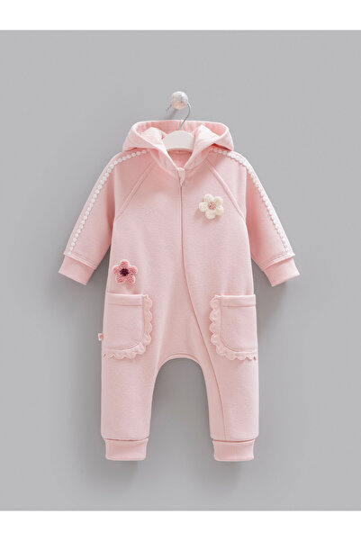 Caramell Baby Girl Jumpsuit with Floral Detail, 3-Yarn Threaded Hooded Winter...