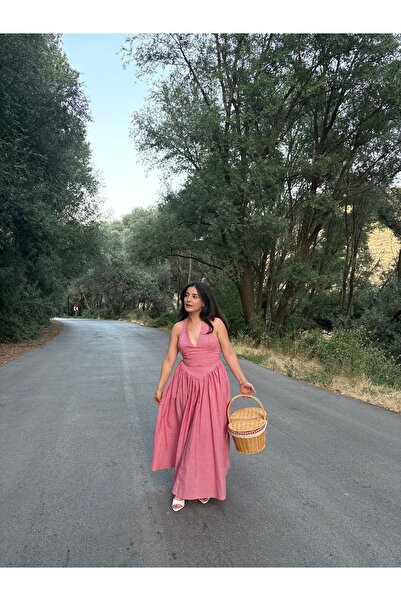 MahraWear Pötikareli Boyundan Bağlamalı Elbise