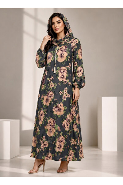 amaan Women's Charcoal Grey Floral Print Hooded Jalabiya with Matching Dupatt...