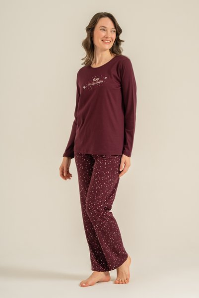 Arnetta Women'S, Burgundy, Patterned, Long Sleeve Pajama Set (with Socks as a Gift)