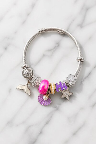 LYKOS Multiple Charm Steel Bracelet with Sea Tail and Oyster Figures - Adjust...