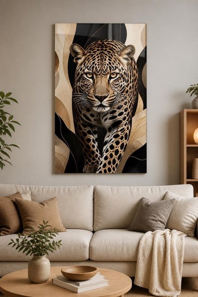 Mythog Leopar Portre Baskılı Cam Tablo – Bej Siyah Modern Duvar Dekoru