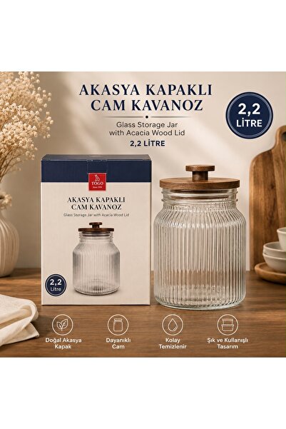 Genel Markalar Togo 2.2Litre Akasya Ahşap Kapaklı Cam Kavanoz - Vakumlu Görün...