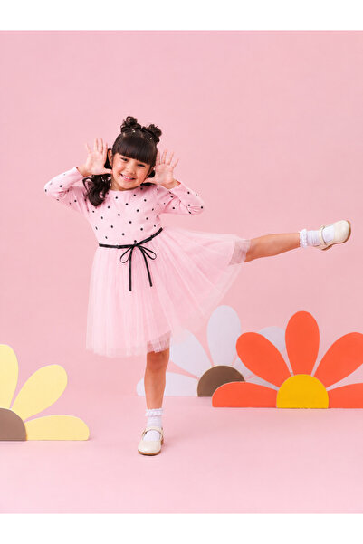 Minimio Kids Kız Çocuk Puantiyeli Tül Etekli Uzun Kollu Şık Abiye Elbise Tütü...