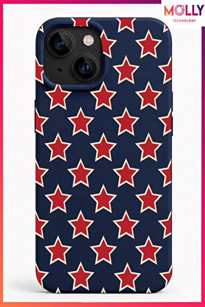 Molly iPhone 15 İçin Gece Mavisi Retro Stars Desenli İçi Kadife Silikon Kılıf