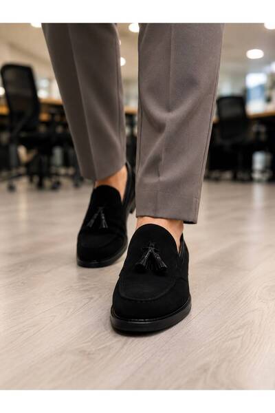 ROYSHOES Corcik Siyah Süet-Rugan Püsküllü Klasik Erkek Kundura Ayakkabı