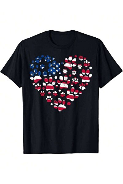 25W Crew Neck-Shirt, Dog Paw US Print, Loose Fit Cotton Tee, Washable 4th Of ...