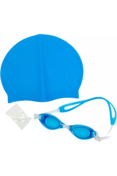 Generic Blue swim goggles and cap set with nose clip, for adults
